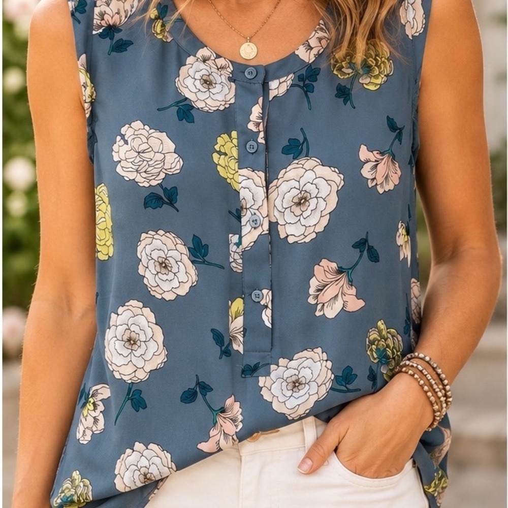 Loft Outlet Womens Large Blue Floral Sleeveless Button Front Blouse Top